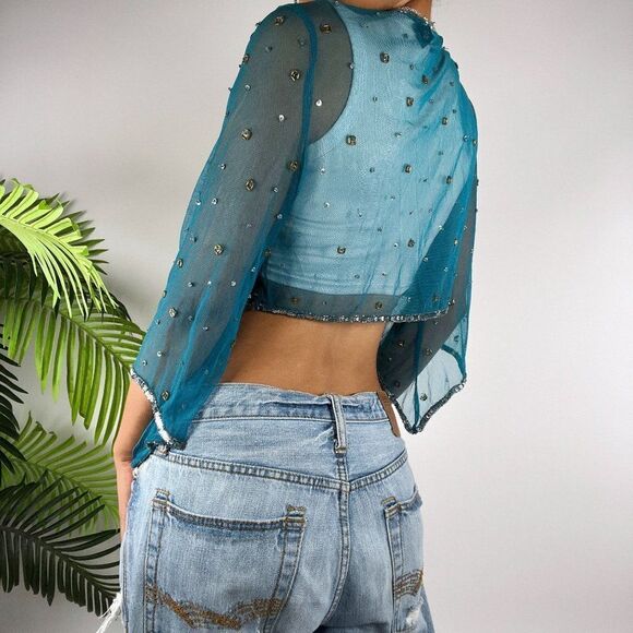Vintage Y2K Fairycore Blue Beaded Sheer Sequin Cropped Cardigan Cover Up / L - Picture 2 of 6